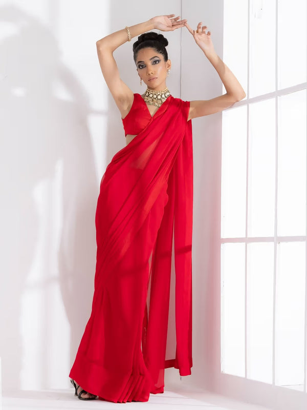 Exquisite Red Georgette Saree with Classic Plain Border for Timeless Beauty
