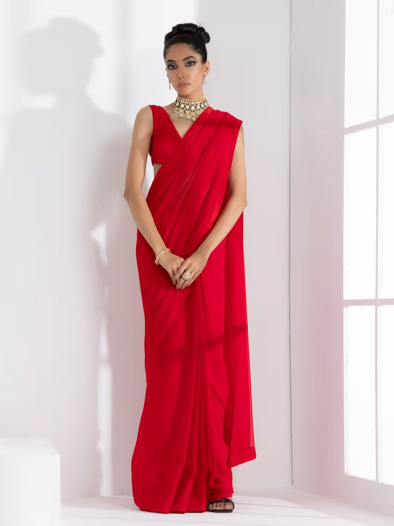 Exquisite Red Georgette Saree with Classic Plain Border for Timeless Beauty
