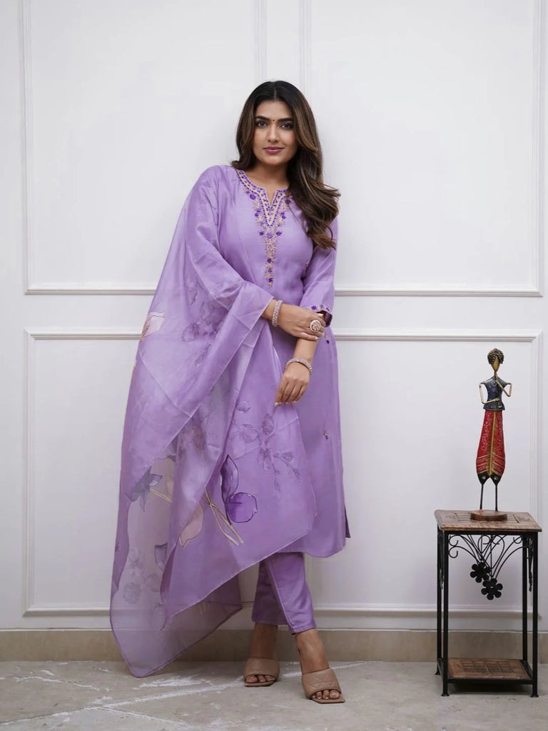 Rayon Slub Embroidered Kurti Pant Set with Chanderi Cotton Dupatta – Party & Festive Wear