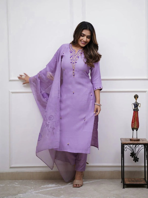 Rayon Slub Embroidered Kurti Pant Set with Chanderi Cotton Dupatta – Party & Festive Wear
