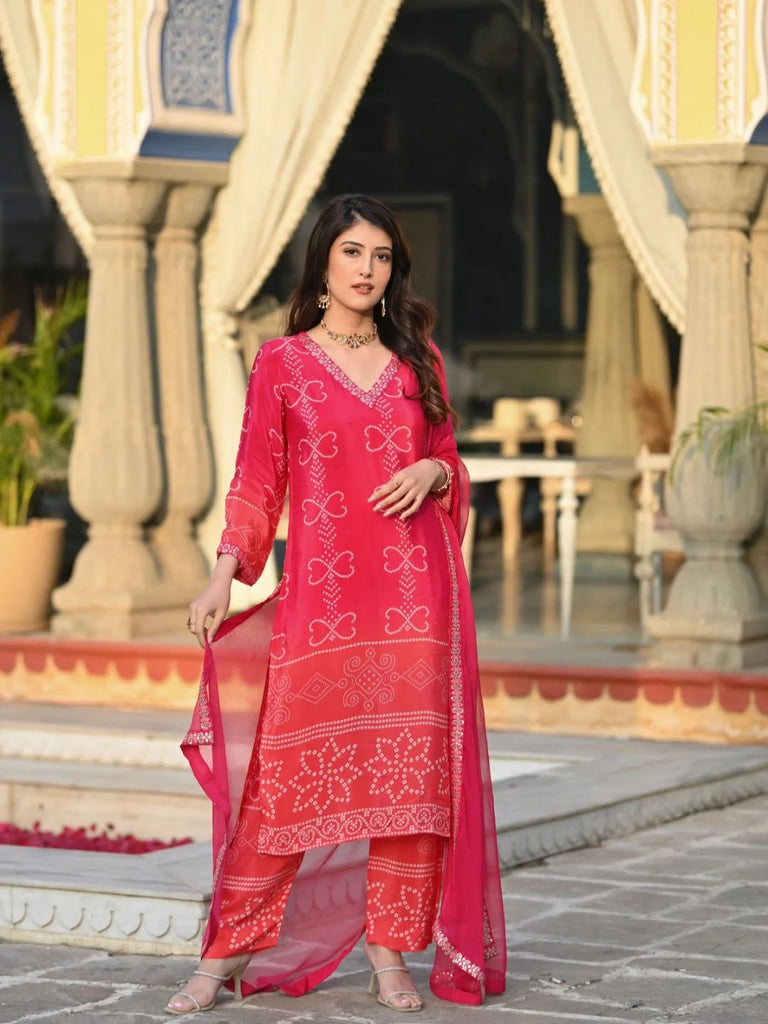 Soft Chinnon Silk Kurti Set with Pant & Nazmeen Dupatta