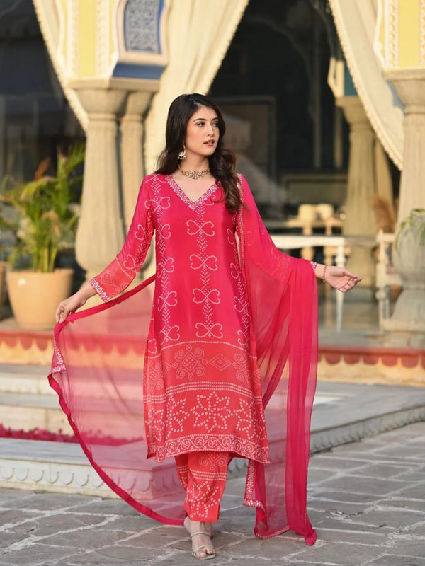 Soft Chinnon Silk Kurti Set with Pant & Nazmeen Dupatta