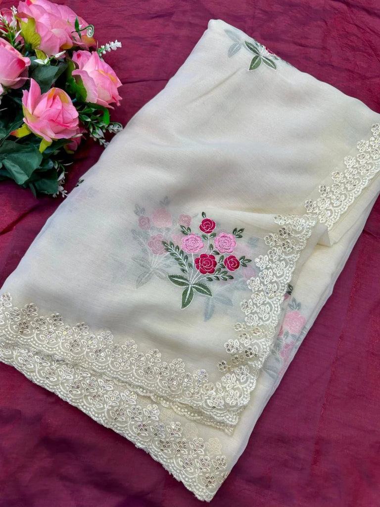 Ivory Goldy Crush Saree with Floral Thread Embroidery & Sequin Border