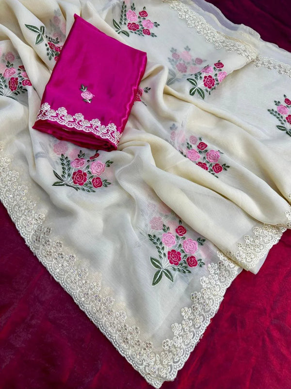 Ivory Goldy Crush Saree with Floral Thread Embroidery & Sequin Border
